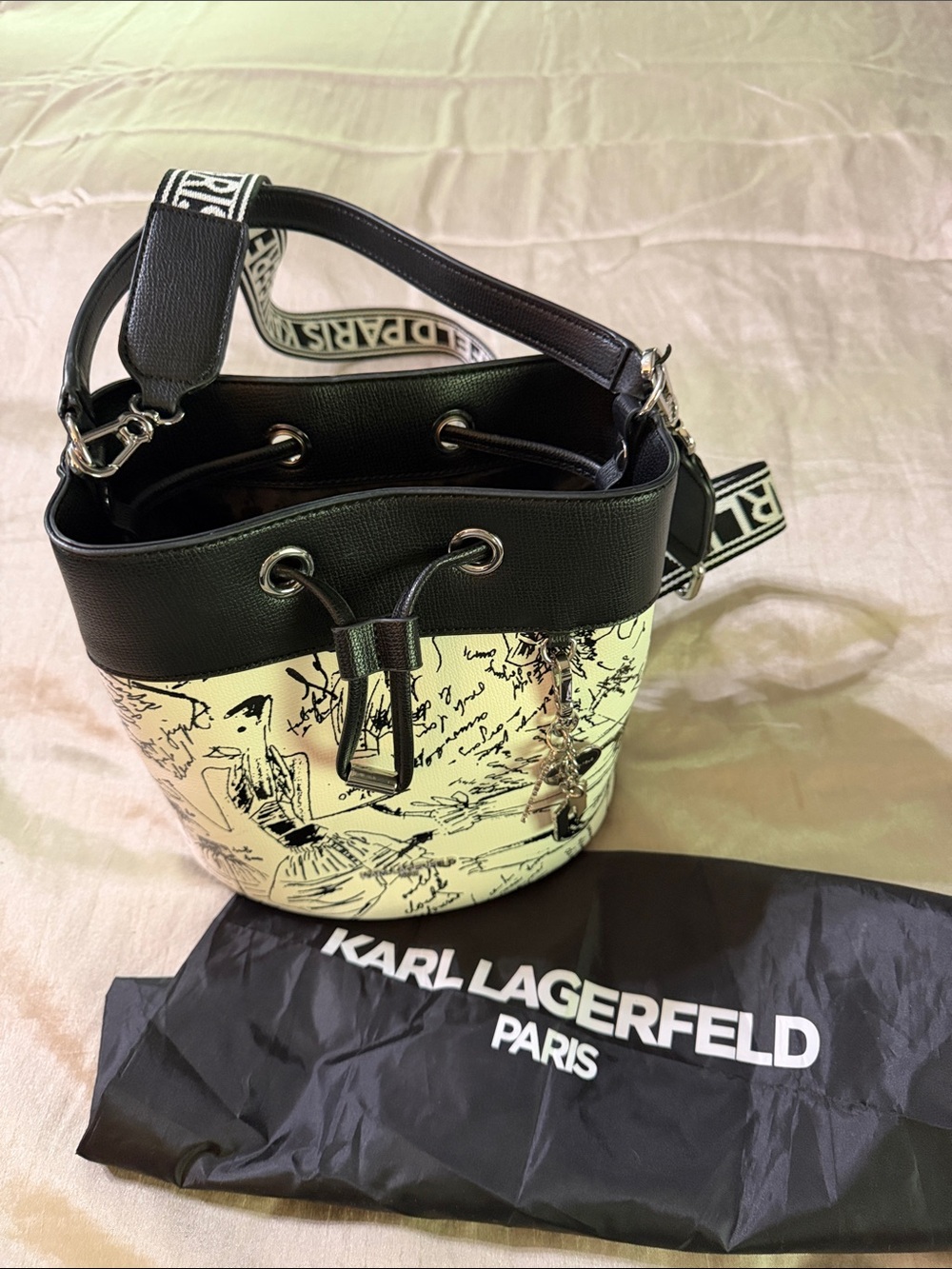 Karl Lagerfeld Black & Cream Illustrated Drawstring Bucket Bag